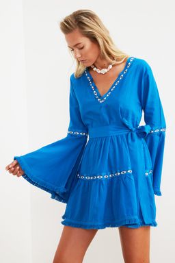 Trendyolmilla Beyaz Dokuma %100 Pamuk Serit Aksesuarl? Mini Plaj Elbisesi TBESS21EL1253 фото 8