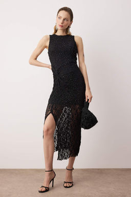 Siyah Tas Bask?l? Tul Maxi Astarl? Party Elbise TPRAW26EL00133