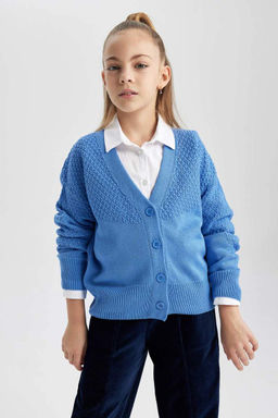 Трикотажный кардиган для девочек с V-образным вырезом - Defacto фото 4
