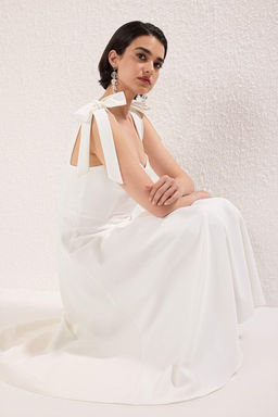 Beyaz A-Kesim Ask? Baglama Detayl? Dokuma Midi S?k Abiye Gece Mezuniyet Elbisesi TPRSS24EL00251