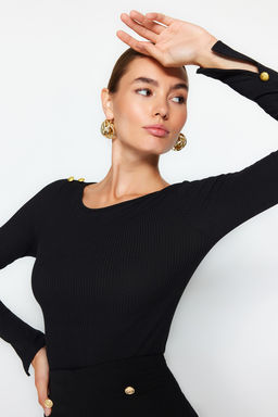 Siyah Kay?k Yaka Fitilli Esnek Regular Fit Uzun Kollu Dugme Detayl? Orme Bluz TWOAW24BZ00052