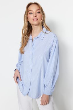 Mavi Cizgili Oversize/Genis Kal?p Dokuma Gomlek TWOSS23GO00144