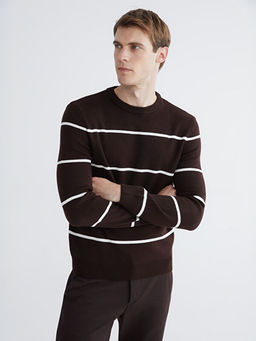 Bisiklet Yaka Uzun Kollu ?izgili Erkek Triko Kazak