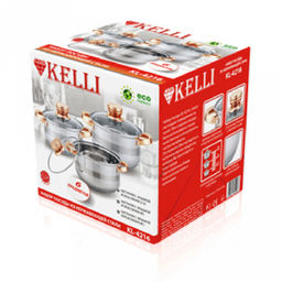 Набор посуды из нержавеющей стали "Kelli" 3 предмета: кастрюля 2,1л - д16см, 3л - д18см, 4л - 20см, шкала измерения, зеркальная поверхность, стеклянная крышка, пароотвод, клепаные ручки, 5-ти слойное капсульное дно, цветная коробка (Китай) Подходит д