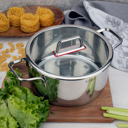 Кастрюля из нержавеющей стали Tendency 5л, д24см, h11,8см, s0,6мм, дно s2,8мм, плоская стеклянная жаропрочная крышка, пароотвод, стальной обод, капсулированное дно, прутковые ручки из нержавеющей стали на точечной сварке, полировка снаружи - зеркал - Домашняя мода фото 2