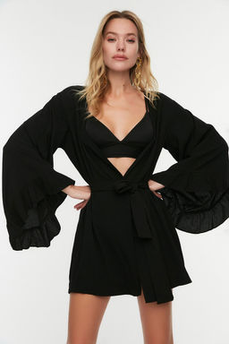 Siyah Kusakl? Dokuma Volanl? Mini Plaj Kimono&Kaftan TBESS21KM0002