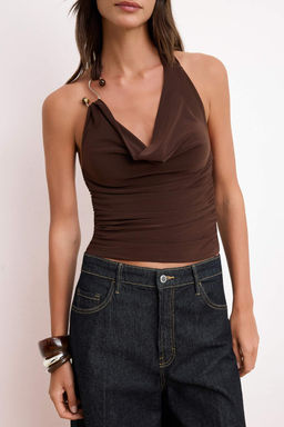 Kahverengi Regular/Normal Kal?p Boyundan Baglamal? Kolsuz Esnek Orme Bluz TWOSS26BZ00521