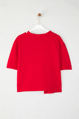 K?rm?z? Kal?n Pamuklu Kiraz Bask?l? Boyundan Baglamal? Detayl? Orme T-Shirt TEDSS24TS00001