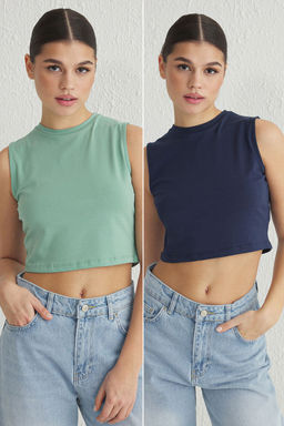 TRENDYOLMILLA Siyah-Beyaz 2li Paket Kolsuz Crop Pamuklu Esnek Orme Atlet TWOSS23AL00010 фото 7