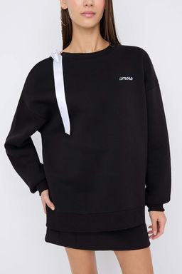 Teen Siyah Ac?k Omuzlu Slogan Nak?sl? Kal?n Ici Polarl? Orme Sweatshirt TWOAW26SW00139 - Trendyolmilla фото 6