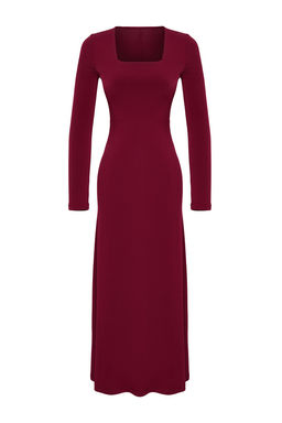 TRENDYOLMILLA Siyah Volanl? Kare Yaka Fitted/Vucuda Oturan Maxi Esnek Orme Elbise TWOAW24EL00613  фото 15