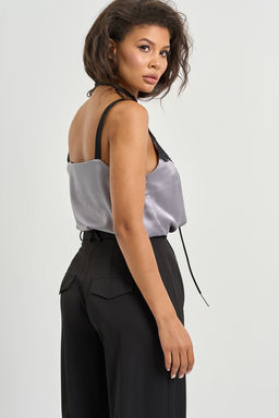 Топ в полоску с кружевной вставкой серый - Fly фото 5
