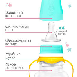 Бутылочка для кормления M&B «ТРЕНД. Лама», классическое горло, с ручками, с 3 мес., 250 мл., цилиндр, бирюзовый