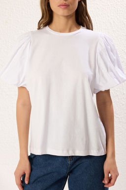 TRENDYOLMILLA Ac?k Mavi %100 Pamuk Balon Kol Detayl? Regular/Normal Kal?p Orme T-Shirt TWOSS25TS00064 фото 3