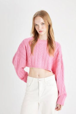 Coool Regular Fit Crop Bisiklet Yaka Sac Orgulu Triko Kazak