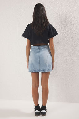 TRENDYOLMILLA Koyu Mavi More Sustainable Soluk Efekt Vintage Yuksek Bel Mini Denim Etek TWOSS24ET00082 фото 4