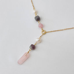 Колье на цепочке с Розовым кварцем,Жемчугом и Агатом - Радуга самоцветов фото 2