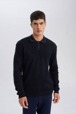Lacivert Standart Fit Polo Yaka Dugmeli Triko Kazak