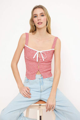 K?rm?z? Poti Kare Desenli Baglama Detayl? Esnek Orme Bluz TWOSS25BZ00234