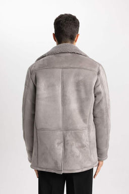 Замшевое пальто с плюшевой подкладкой и воротником-жакетом Slim Fit - Defacto фото 7