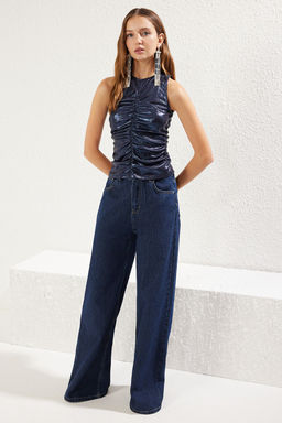 Lacivert Metalik Gorunumlu Par?lt?l? Orme Bluz TPRSS25BZ00004 - Trendyolmilla фото 3