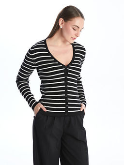 V Yaka ?izgili Uzun Kollu Kad?n Triko H?rka