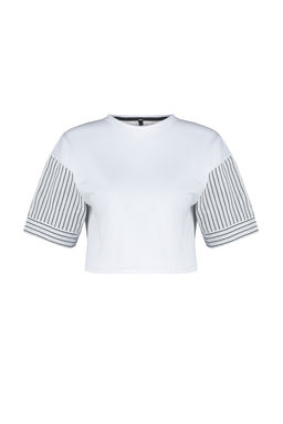 Beyaz Cizgili Poplin Kol Detayl? Slogan Bask?l? Crop Orme T-Shirt TWOSS24TS00239 - Trendyolmilla фото 7