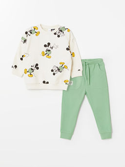 Bisiklet Yaka Uzun Kollu Mickey Mouse Bask?l? Erkek Bebek Sweatshirt ve E?ofman Alt 2li Tak?m