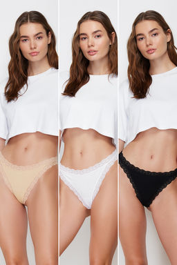 TRENDYOLMILLA Siyah-Beyaz-Ten 3lu Paket Pamuklu Fitilli Dantelli String Orme Kulot THMSS24KU00004