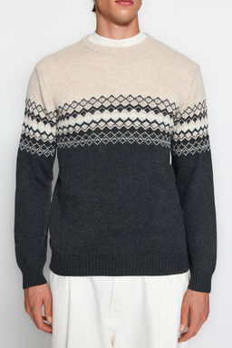 TRENDYOL MAN Antrasit Slim Fit Yunlu Bisiklet Yaka Panel Jakarl? Triko Kazak TMNAW21KZ0738 - Trendyolmilla фото 3