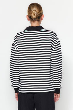 TRENDYOLMILLA Mavi Cizgili Polo Yaka Kal?n Ici Polarl? Oversize Orme Sweatshirt TWOAW24SW00344 фото 5