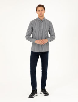 Gri Regular Fit _izgili Uzun Kollu G_mlek