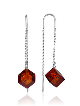 Стильные продевные серьги Рафинад с коньячным янтарём