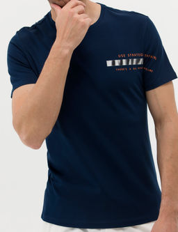 Lacivert Slim Fit Bask_l_ Bisiklet Yaka Ti__rt