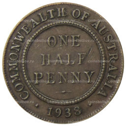 Монета 1/2 пенни 1938 года Австралия