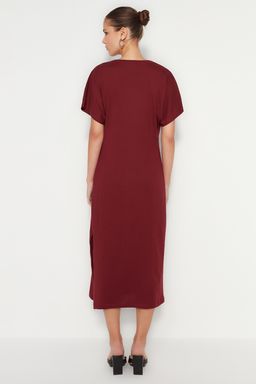 Bordo %100 Pamuk Bele Oturan Y?rtmac ve Baglama Detayl? Midi Orme Kalem Elbise TWOSS21EL0404