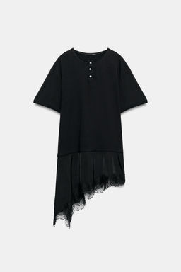CAMISETA COMBINADA ENCAJE CUELLO PANADERO / Negro