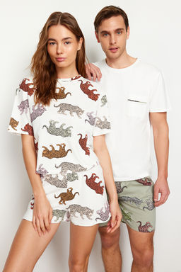 TRENDYOL MAN Ekru Regular Fit Hayvan Desenli Couple/Cift Orme Sortlu Pijama Tak?m? TMNSS24PT00015