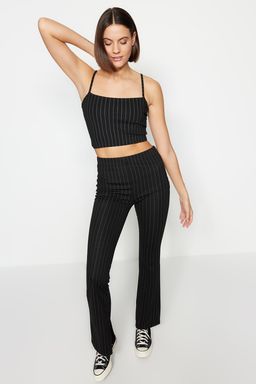 Siyah Smart Y?rtmacl? Flare/Ispanyol Paca Yuksek Bel Cizgili Orme Tayt Pantolon TWOSS23PL00126