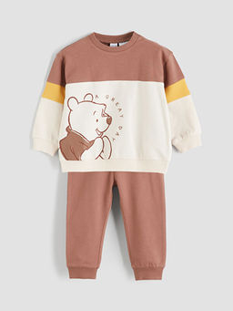 Bisiklet Yaka Uzun Kollu Winnie the Pooh Bask?l? Erkek Bebek Sweatshirt ve Jogger Pantolon 2li
