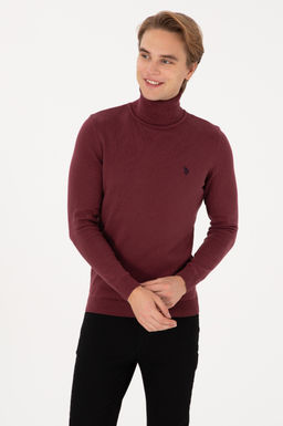 Erkek Slim Fit Bo_azl_ Yaka Bordo Kazak