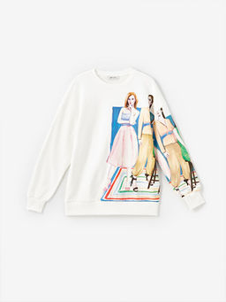 Bisiklet Yaka Bask?l? Oversize Kad?n Sweatshirt