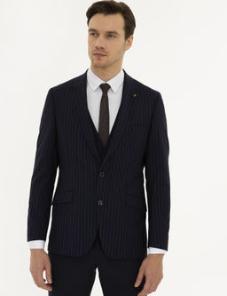 Светло-темно-синий приталенный шерстяной жакет