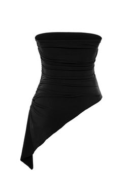 Trendyolmilla Siyah Straplez Buzgu Detayl? Fitted/Vucuda Oturan Esnek Orme Bluz TWOSS24BZ00054