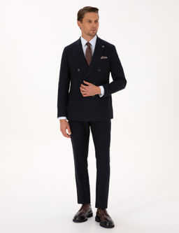 Lacivert Ex. Slim Fit _izgili Kruvaze Tak_m Elbise