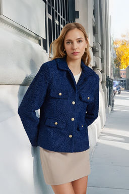 Lacivert Regular Kal?p Gold Dugme Detayl? Mevsimlik Pelus Kaban TWOAW24KB00034