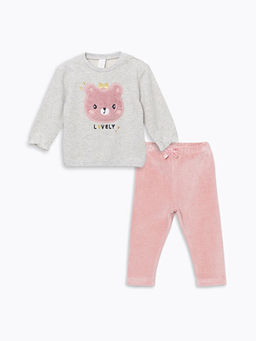 Bisiklet Yaka Uzun Kollu Nak??l? K?z Bebek Sweatshirt ve Tayt 2li Tak?m