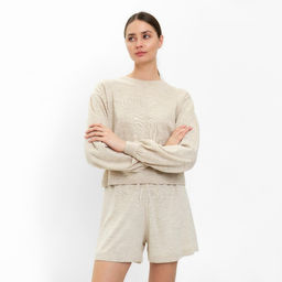 Костюм женский (джемпер, шорты) MINAKU: Casual Collection, бежевый, размер 46