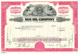 Сертификат передаточный на 3 акции SUN OIL COMPANY 1969 года США