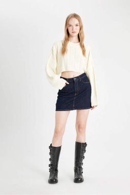 Женский крутой плетеный трикотажный свитер стандартной посадки с круглым вырезом и волосами - Defacto фото 2